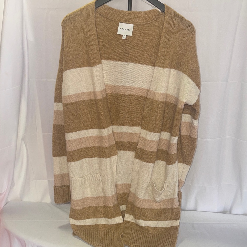 Pink Rose Women's Cardigan Sweater - Tan and Cream Stripes